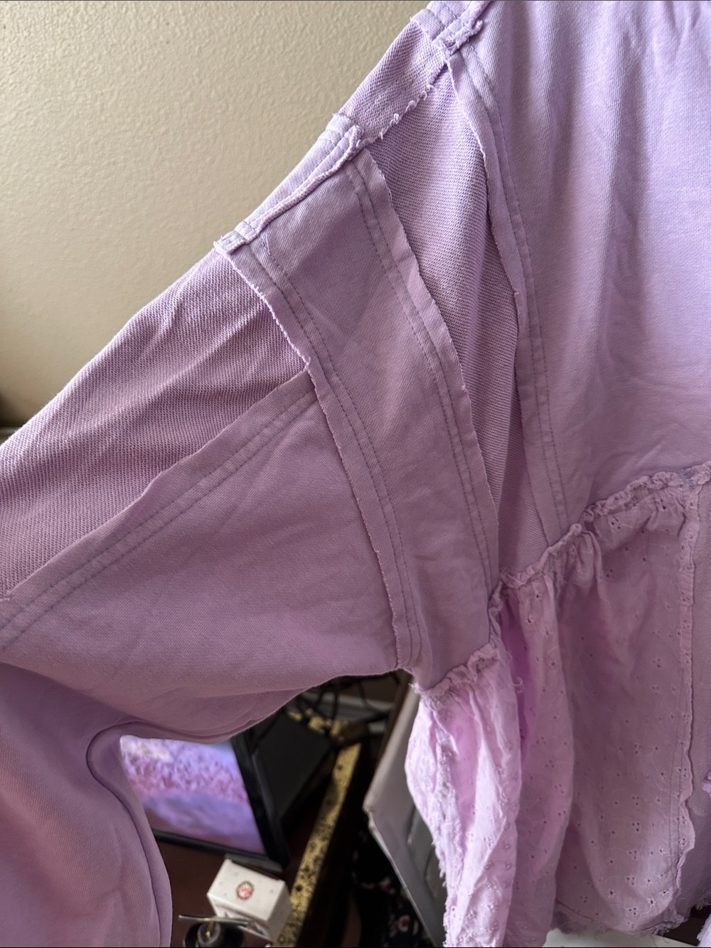 Light Lavender Hooded Pullover with Eyelet and Lightweight Cotton Tier Raw Seams - Picture 11 of 17